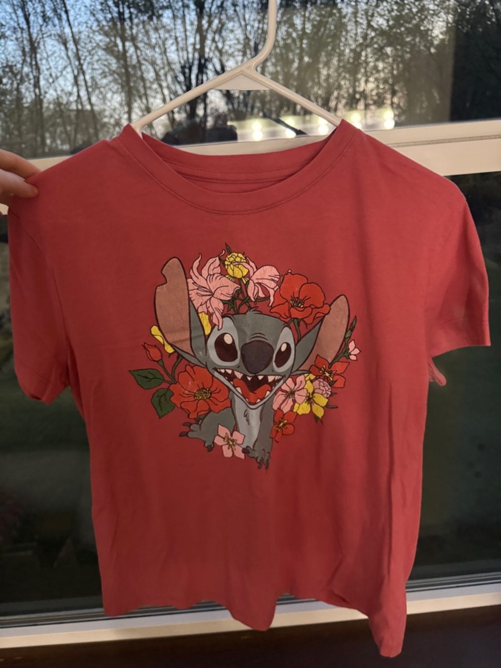 Disney Coral Pink Stitch Floral Graphic Tee